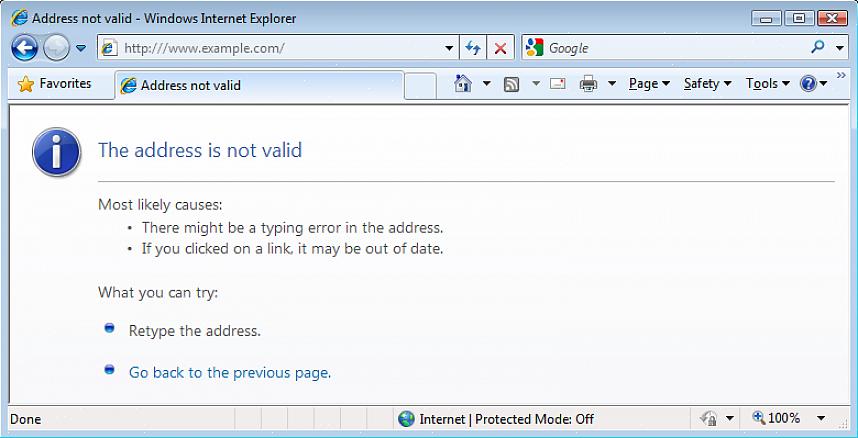 Näkyviin tulee valkoinen virhesivu otsikolla 'Internet Explorer ei voi näyttää verkkosivua'