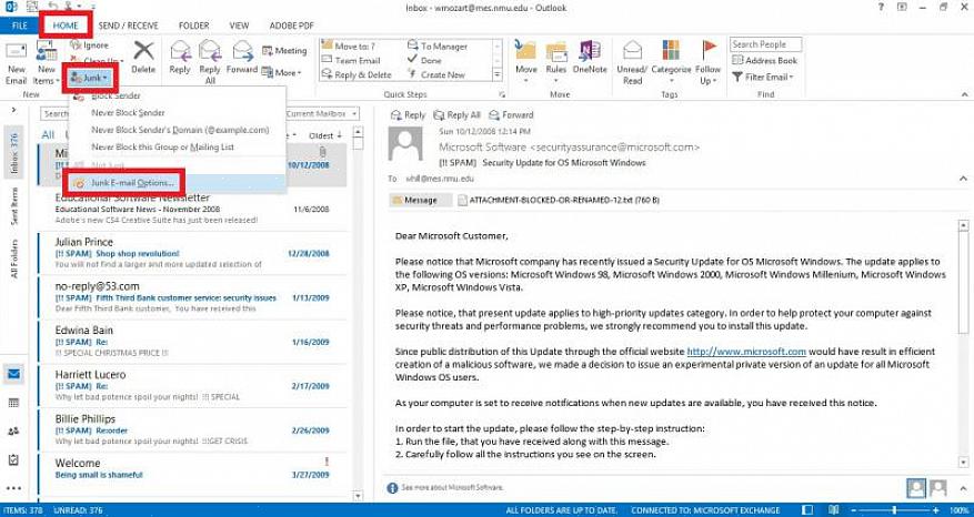 Joudut muuttamaan Outlookin roskapostiasetuksia